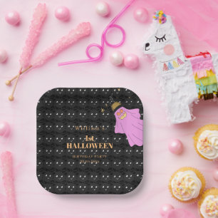 Plato De Papel Halloween Fantasma Araña Negro Fiesta de Baby Show