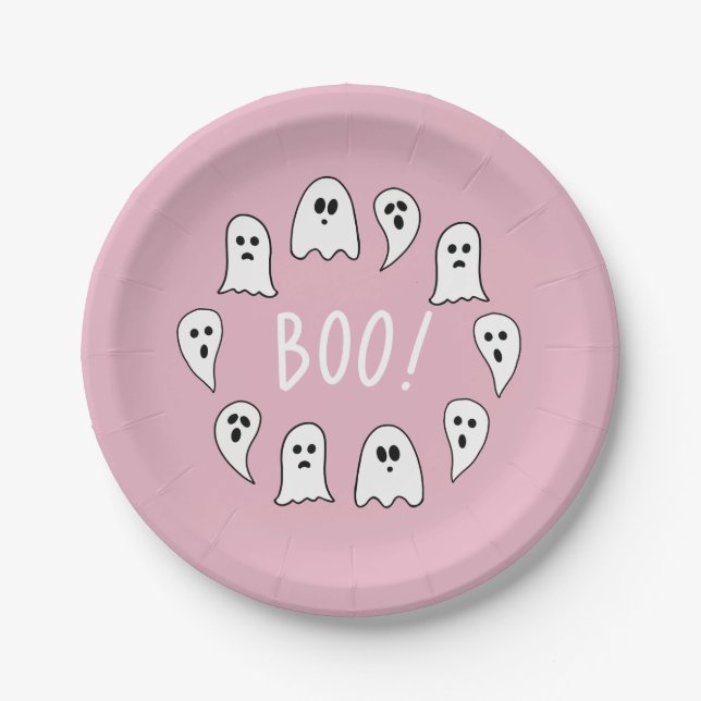 Plato De Papel Halloween Fantasma Boo Rosa (Anverso)