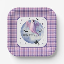 HALLOWEEN Fantasma Con Araña Patrón de Gingham Mor