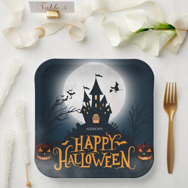Plato De Papel Halloween feliz negro y Naranja (Boda)