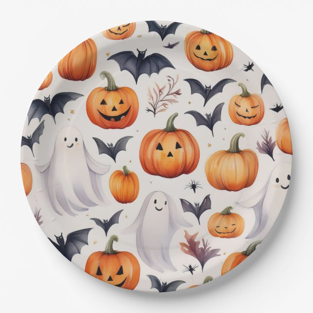 Plato De Papel Halloween Fiesta de calabaza de fantasma (Anverso)