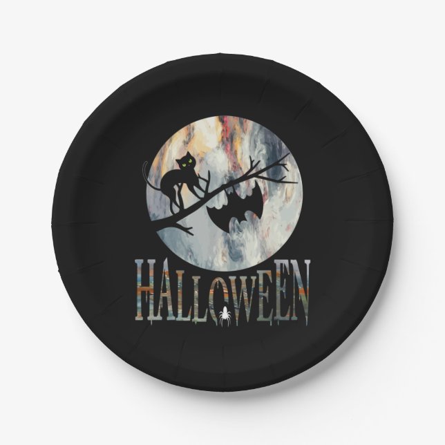 Plato De Papel Halloween Funny Cat Halloween Cumpleaños (Anverso)