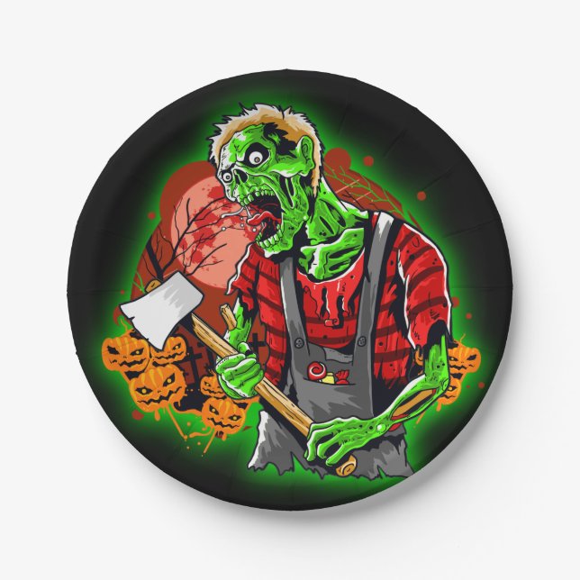 Plato De Papel Halloween Funny Green Zombie Ax sobre Keychain (Anverso)