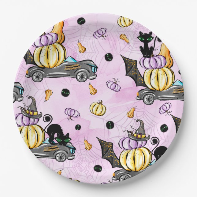 PLATO DE PAPEL HALLOWEEN GATOS NEGROS EN AUTOS CON PUMPKINS (Anverso)