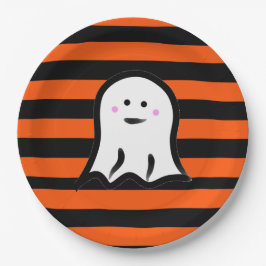 Plato De Papel Halloween Ghost on Black and Orange Stripes 