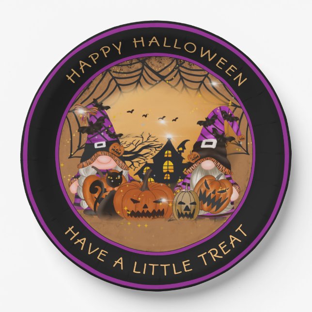 Plato De Papel Halloween Gnones calabaza Spiderweb Hauned House (Anverso)