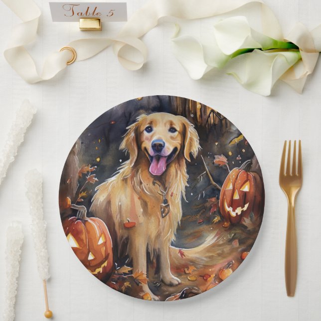 Plato De Papel Halloween Golden Retriever con calabazas aterrador (Boda)