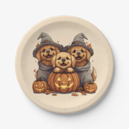 Plato De Papel Halloween Golden Retriever Perro Jack O Lantern