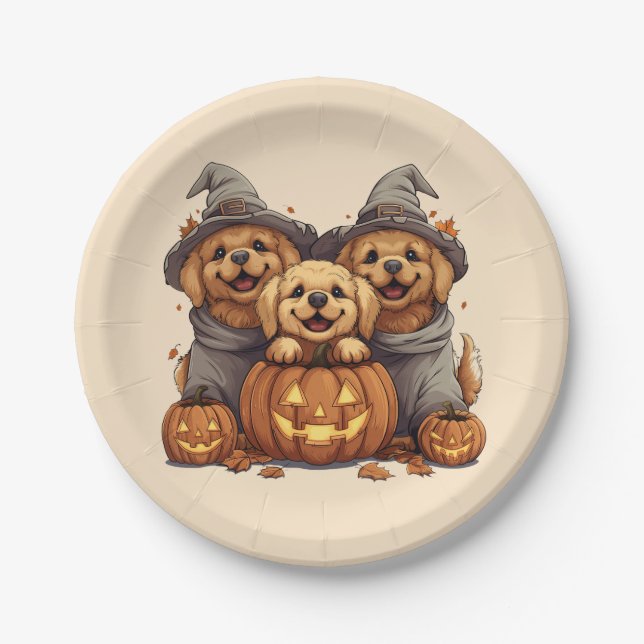 Plato De Papel Halloween Golden Retriever Perro Jack O Lantern (Anverso)