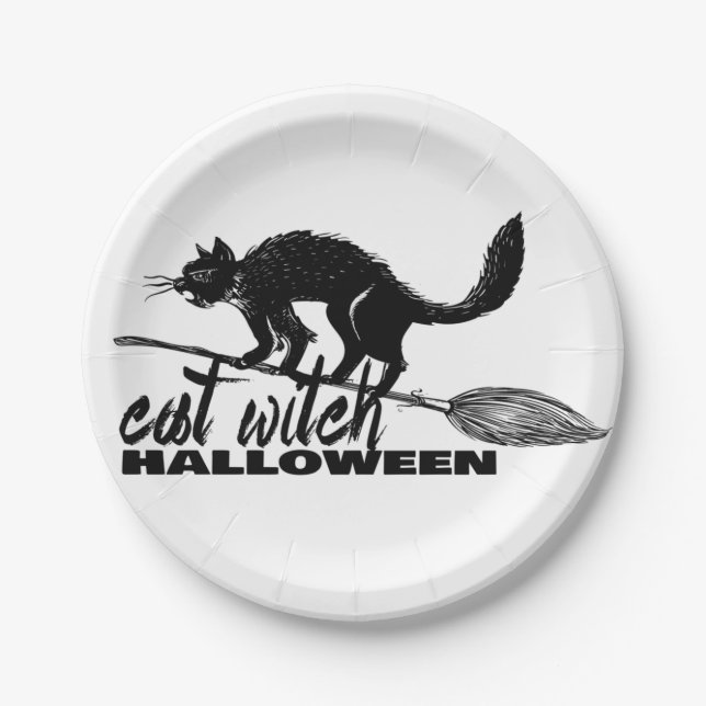 Plato De Papel Halloween Graciosa Bruja De Gato En Broomstick (Anverso)