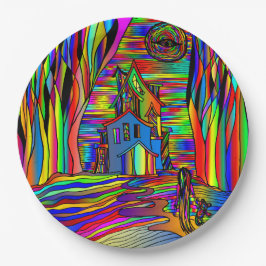 Plato De Papel Halloween Hauned House Resumen colorido 9"
