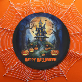 Plato De Papel Halloween Haunted House con Pumpkins Fiesta