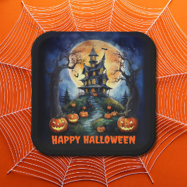Plato De Papel Halloween Haunted House con Pumpkins Fiesta