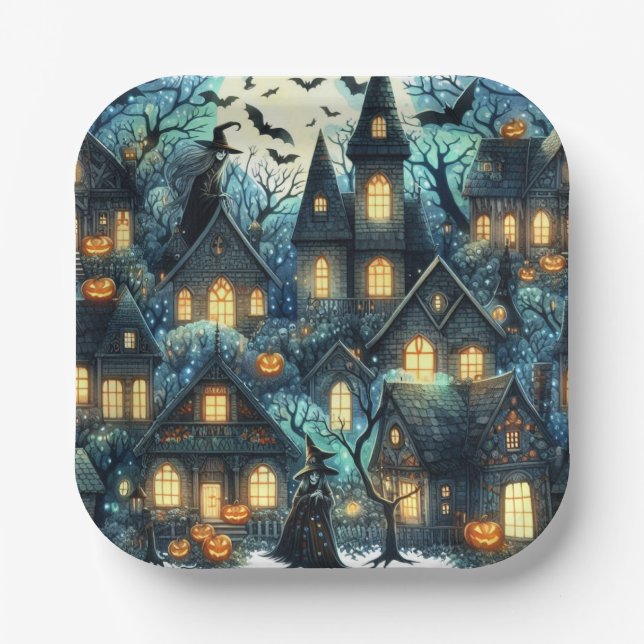 Plato De Papel Halloween Haunted Scene (Anverso)
