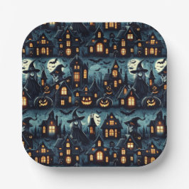 Plato De Papel Halloween Haunted Scene