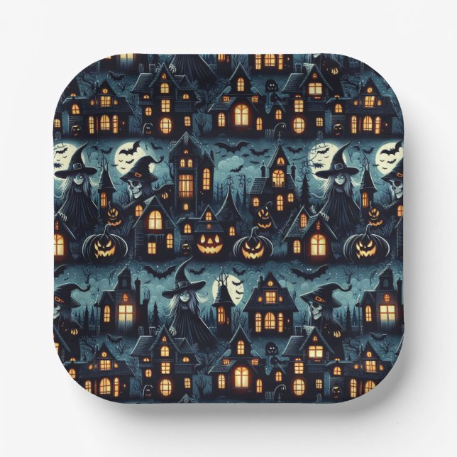 Plato De Papel Halloween Haunted Scene (Anverso)