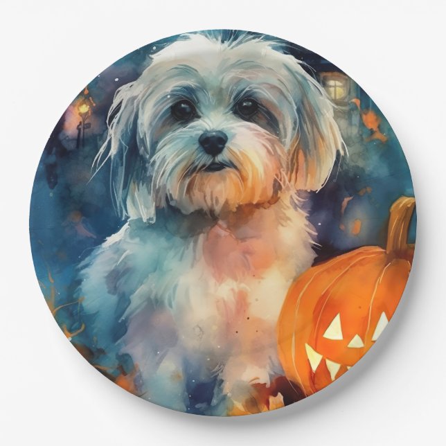 Plato De Papel Halloween Havanese con calabazas aterradoras (Anverso)