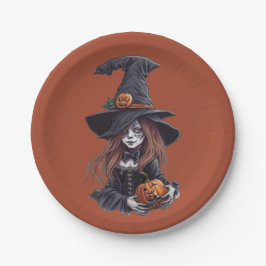 Plato De Papel Halloween-Hexe mit Kürbis - 