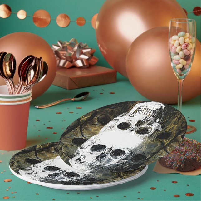 Plato De Papel Halloween Horror - 3 Skulls Graffiti Burst (Multi)