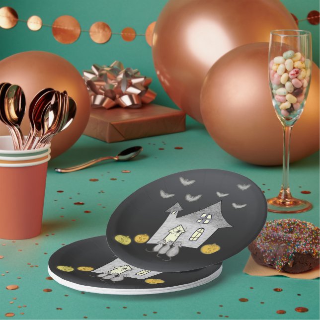 Plato De Papel Halloween House, gatos negros, murciélagos, calaba (Multi)