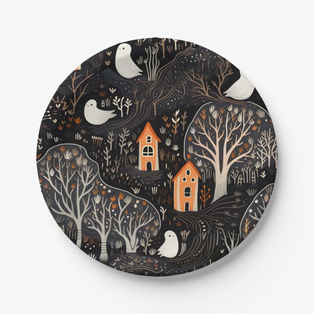 Plato De Papel Halloween House Ghosts Forest (Anverso)