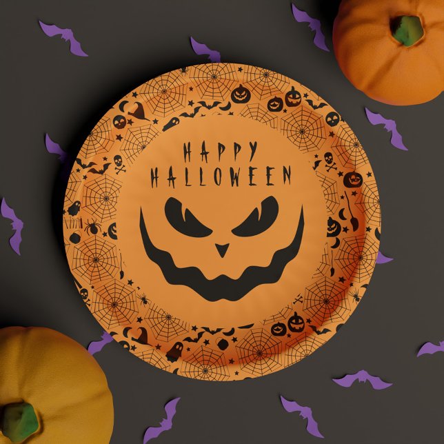 Plato De Papel Halloween Jack O Lantern Calabaza escalofriante ca (Halloween Jack O Lantern Pumpkin Creepy Face Paper Plates)