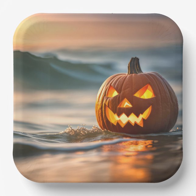 Plato De Papel Halloween Jack-o-Lantern en la costa (Anverso)
