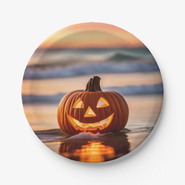 Plato De Papel Halloween Jack-o-Lantern en la playa (Anverso)