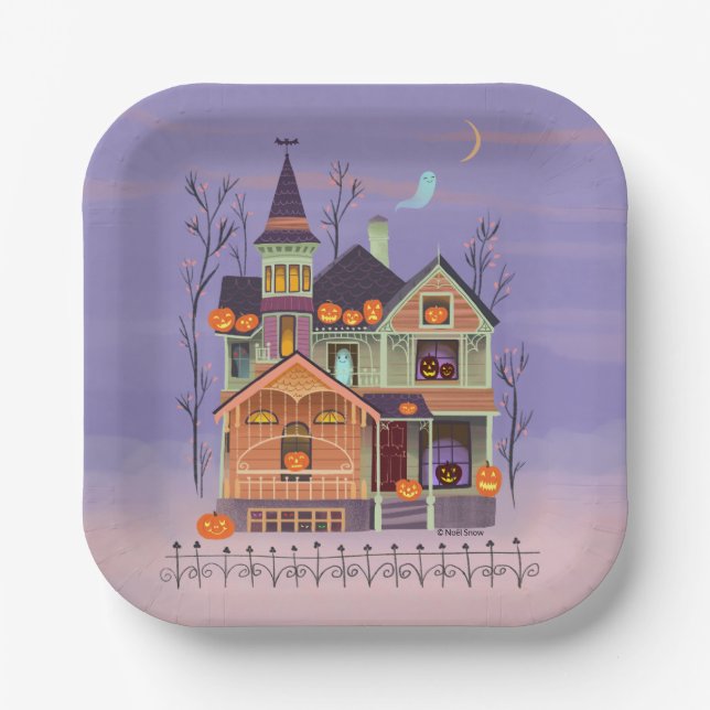 Plato De Papel Halloween Jack-o'-lantern House (Anverso)