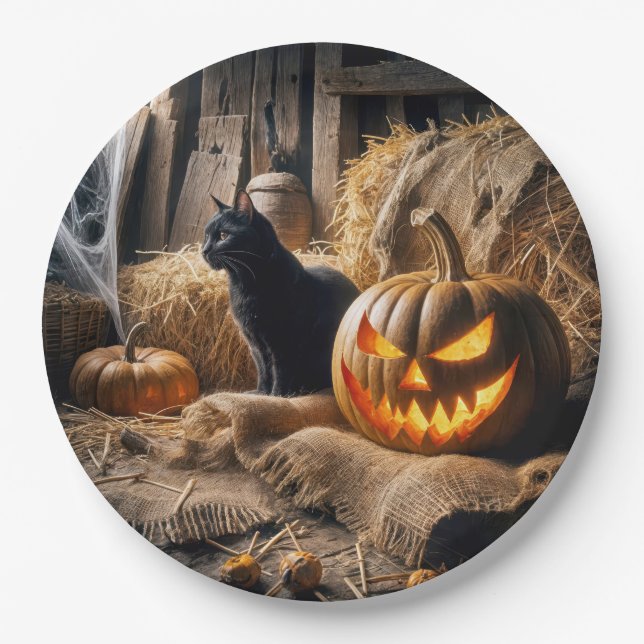 Plato De Papel Halloween Jack-o-Lantern y Cat In Barn (Anverso)