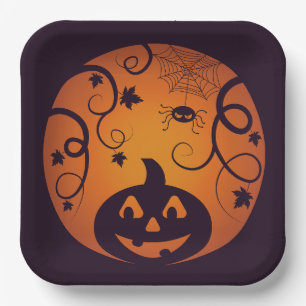Plato De Papel Halloween Jack o linterna cara de calabaza y araña