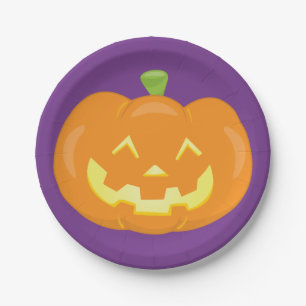 Plato De Papel Halloween Jack O'Lantern Pumpkin Purple Naranja