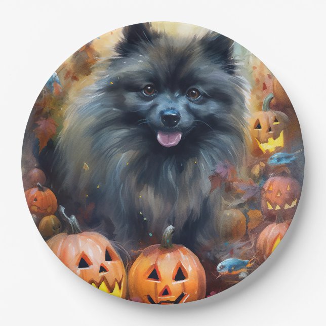 Plato De Papel Halloween Keeshond con calabazas aterradoras (Anverso)