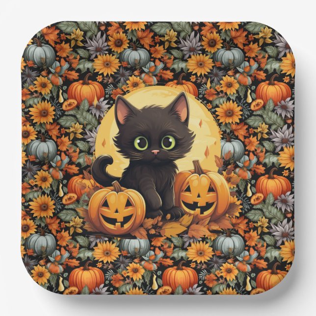 Plato De Papel Halloween Kitten (Anverso)