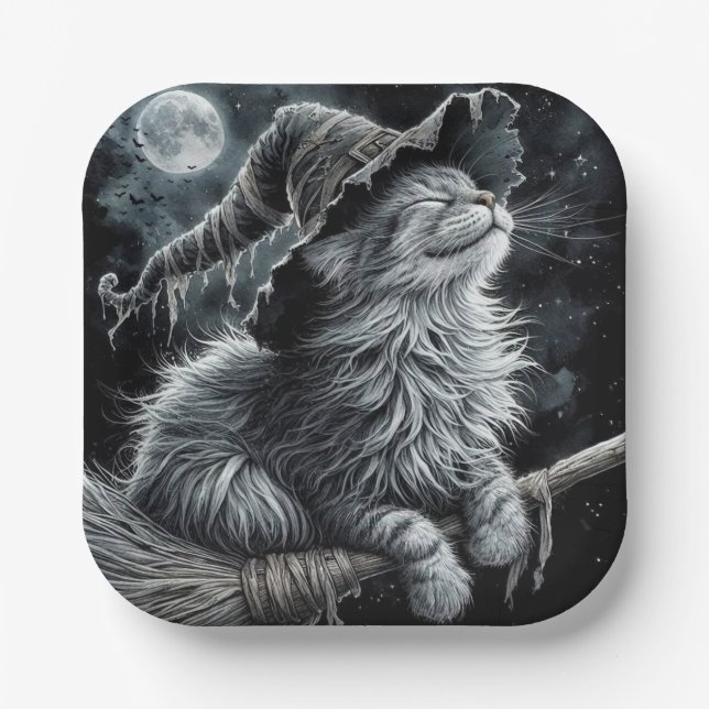 Plato De Papel Halloween Kitty On Brromstick (Anverso)