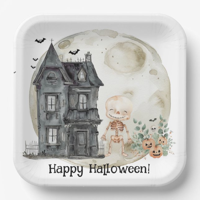 Plato De Papel Halloween, la momia de la casa y la fiesta de los  (Anverso)