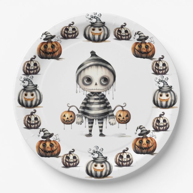 Plato De Papel Halloween lindo Ghoul y Pumpkins (Anverso)