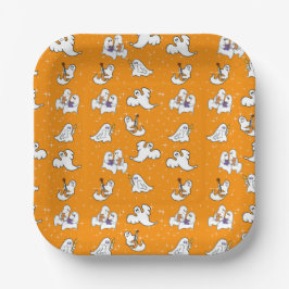 Plato De Papel Halloween lindos fantasmas sobre el fondo naranja