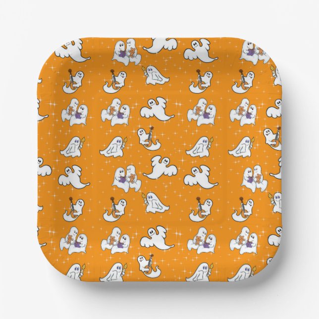Plato De Papel Halloween lindos fantasmas sobre el fondo naranja (Anverso)