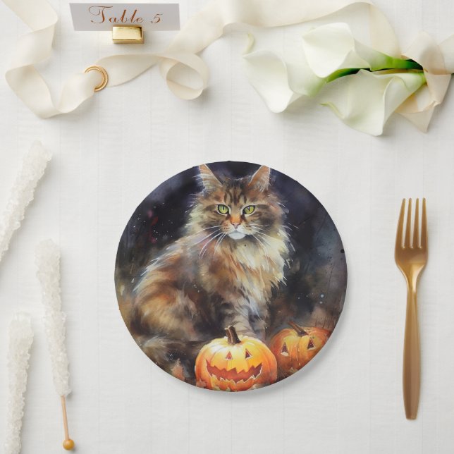 Plato De Papel Halloween Maine Coon Cat Con Calabazas Temerosas (Boda)