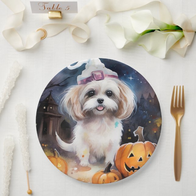 Plato De Papel Halloween Malti Tzu con calabazas aterradoras (Boda)
