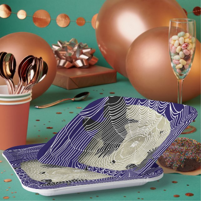 Plato De Papel Halloween Moon Ravens Y Cobwebs (Multi)