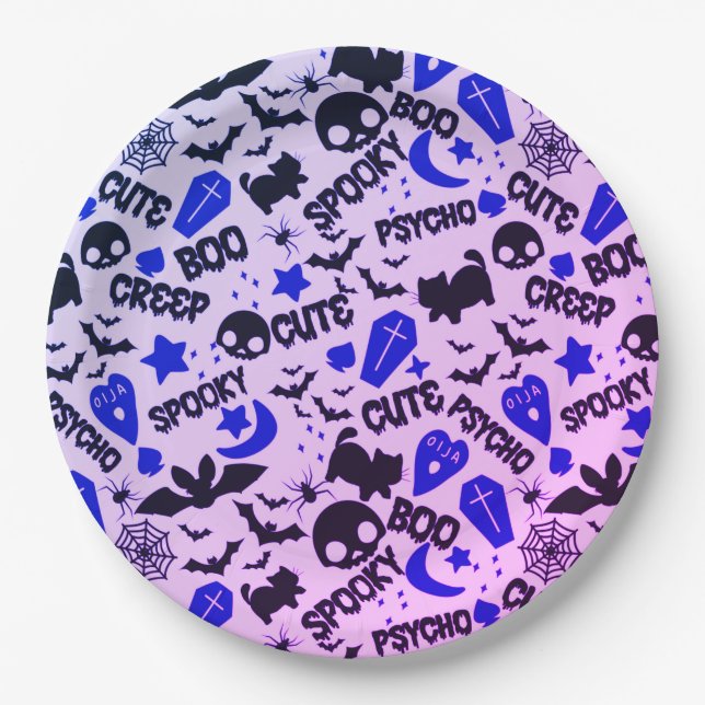 Plato De Papel Halloween morado, azul y negro lindo y divertido (Anverso)