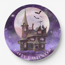 Plato De Papel Halloween morado barba de la casa Luna llena