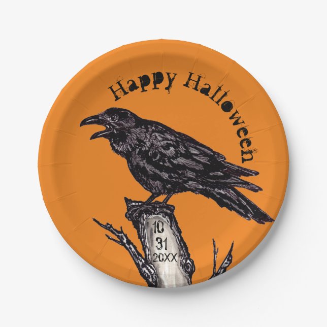 Plato De Papel Halloween Naranja Black Raven Crow Dated Gothic (Anverso)