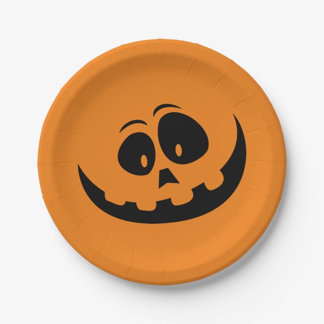 Plato De Papel Halloween naranja calabaza temible cara otoño grac (Anverso)
