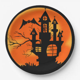 Plato De Papel Halloween, Naranja de la casa de Haunted