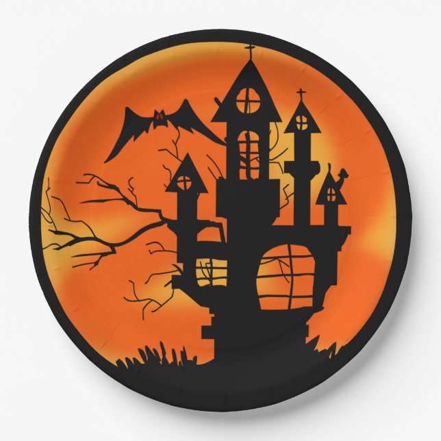 Plato De Papel Halloween, Naranja de la casa de Haunted (Anverso)