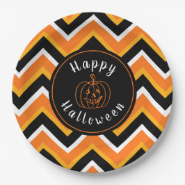 Plato De Papel Halloween Naranja Negro Zigzags blancos
