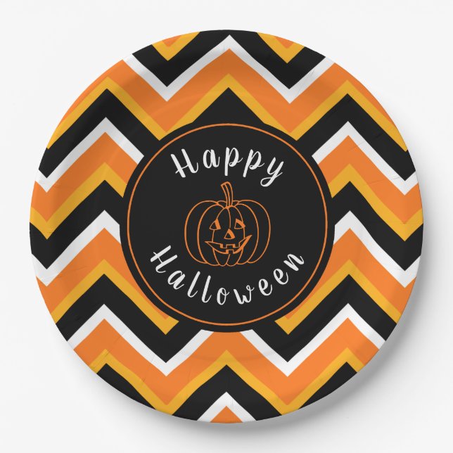 Plato De Papel Halloween Naranja Negro Zigzags blancos (Anverso)